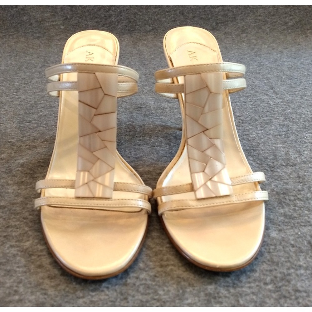 ANNE KLEIN Leather High Heel Sandals 8M Strappy Embellished Stacked Slide On